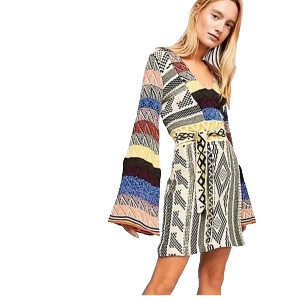 Free People Sweater Dress Sz Medium Patchwork Boho Hippie Bell Sleeve‎ - Picture 2 of 14